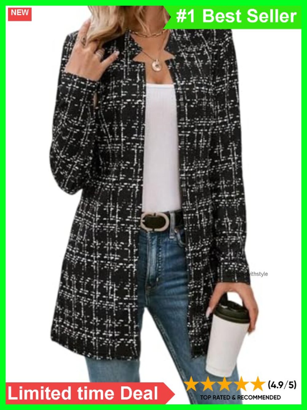 Plaid Tweed Open Front Blazer Slim Long Sleeve Thigh Length Cardigan Jacket